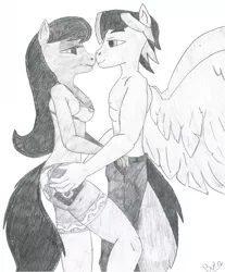 Size: 1599x1935 | Tagged: suggestive, artist:cypisek95, derpibooru import, oc, oc:light flash, oc:white limon, unofficial characters only, anthro, earth pony, pegasus, 2 handfuls of dat ass, 2 handfuls of dem hips, bedroom eyes, black and white, bra, breasts, butt grab, butt touch, clothes, female, grayscale, grope, imminent sex, lightmon, lip bite, looking at each other, monochrome, not octavia, panties, partial nudity, simple background, socks, spread wings, stockings, thigh highs, topless, traditional art, underwear, white background, wings
