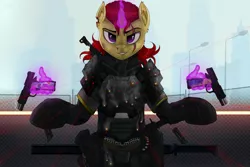 Size: 4500x3000 | Tagged: safe, artist:redvais, derpibooru import, oc, oc:bernard monroe, unofficial characters only, pony, unicorn, ammo pouch, armor, bipedal, blood, bullet, bullet hole, bulletproof vest, candy, clothes, fence, food, glowing horn, gun, gunsmoke, hand, handgun, horn, injured, knife, laser, looking at you, magic, magic hands, male, military, pistol, raised hooves, reloading, scar, smiling, smirk, soldier, solo, stallion, standing, street, street lights, sword, telekinesis, torn ear, weapon