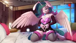 Size: 1920x1080 | Tagged: adorasexy, alicorn, anthro, artist:discordthege, bed, breasts, bunnylestia, bunny suit, camera, camera shot, chest fluff, cleavage, cleavage fluff, clothes, cute, cutelestia, derpibooru import, female, fishnets, heart, heart hands, kneeling, mare, nail polish, on bed, one eye closed, panties, pink underwear, princess celestia, sexy, solo, solo female, stupid sexy celestia, suggestive, underwear, unguligrade anthro, wink