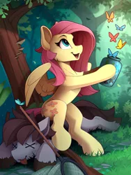 Size: 1810x2410 | Tagged: safe, artist:yakovlev-vad, derpibooru import, fluttershy, oc, butterfly, earth pony, pegasus, pony, butterfly net, cute, escape, female, forest, jar, knock out, knocked out, looking at something, male, mare, release, rescue, scenery, shyabetes, smiling, spread wings, stallion, tongue out, unconscious, wings, x eyes