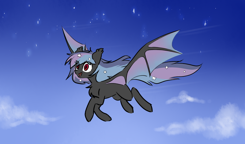 Size: 1844x1080 | Tagged: safe, artist:starlyflygallery, derpibooru import, oc, oc:stellar wind, bat pony, pony, bat pony oc, bat wings, female, flying, happy, night, scenery, sky, solo, stars, twilight (astronomy), wings