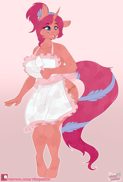 Size: 2100x3100 | Tagged: suggestive, artist:pinktabico, derpibooru import, oc, unofficial characters only, anthro, unguligrade anthro, anthro oc, apron, breasts, clothes, crystal unicorn, digital art, female, heart eyes, high res, mare, naked apron, signature, smiling, solo, solo female, tail band, wingding eyes