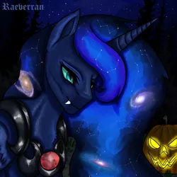 Size: 2500x2500 | Tagged: safe, artist:raeverran, derpibooru import, princess luna, alicorn, pony, armor, halloween, holiday, horn, nightmare night, pumpkin, slit eyes, snake eyes, solo, space mane, teeth