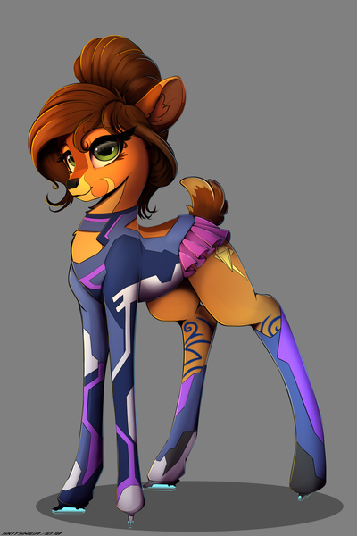 Size: 2000x3000 | Tagged: safe, artist:skitsniga, derpibooru import, oc, oc:aluxor, unofficial characters only, deer, original species, vitrung, boots, clothes, cute, doe, female, futuristic, gray background, miniskirt, pleated skirt, quadrupedal, rule 63, shoes, simple background, skates, skirt, smiling, solo
