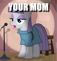 Size: 484x519 | Tagged: safe, derpibooru import, edit, edited screencap, screencap, maud pie, earth pony, pony, the maud couple, caption, cropped, image macro, microphone, microphone stand, solo, spotlight, text, your mom