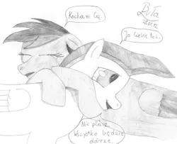 Size: 3544x2880 | Tagged: safe, artist:cypisek95, derpibooru import, rainbow dash, oc, pegasus, pony, black and white, comic, crying, eyes closed, female, floppy ears, grayscale, hooves, hug, male, mare, monochrome, open mouth, simple background, stallion, traditional art, white background, wings