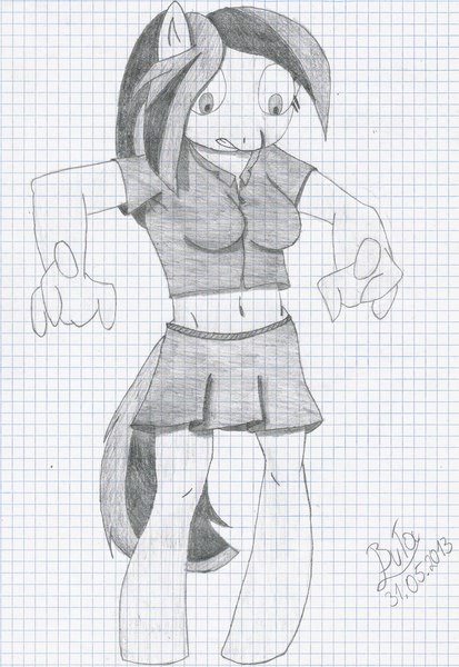 Size: 3152x4580 | Tagged: anthro, artist:cypisek95, belly button, black and white, derpibooru import, female, graph paper, grayscale, hooves, lined paper, monochrome, oc, oc:white limon, rule 63, safe, simple background, solo, traditional art, unofficial characters only, white background