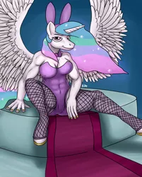 Size: 2480x3086 | Tagged: abs, anthro, artist:mcsplosion, breasts, bunnylestia, bunny suit, busty princess celestia, clothes, derpibooru import, explicit source, female, fishnets, glowing mane, high res, hoers, muscles, muscular female, playboy bunny, princess celestia, princess musclestia, socks, solo, stockings, suggestive, thigh highs, unguligrade anthro, unshorn fetlocks