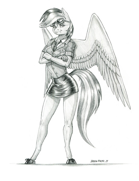 Size: 1000x1304 | Tagged: anthro, artist:baron engel, beautiful, clothes, crossed arms, derpibooru import, female, goggles, large wings, legs, looking at you, mare, miniskirt, monochrome, pegasus, pencil drawing, rainbow dash, safe, shoes, simple background, skirt, smiling, solo, sunglasses, thighs, traditional art, unguligrade anthro, uniform, white background, wings