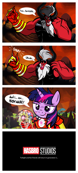 Size: 1552x3428 | Tagged: safe, artist:dan232323, derpibooru import, lord tirek, twilight sparkle, twilight sparkle (alicorn), alicorn, centaur, pony, and i am iron man, avengers, avengers: endgame, blood, comic, crossover, element of generosity, element of honesty, element of kindness, element of laughter, element of loyalty, element of magic, elements of harmony, female, i am inevitable, i am inevitable and i am iron man, imminent death, infinity gauntlet, injured, iron man, iron mare, male, mare, marvel, parody, spoilers for another series, thanos, thanos snap, twilight vs tirek