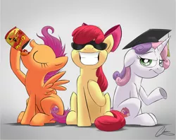 Size: 2937x2322 | Tagged: safe, artist:oinktweetstudios, derpibooru import, apple bloom, scootaloo, sweetie belle, earth pony, pegasus, pony, unicorn, growing up is hard to do, apple bloom's bow, big grin, bow, cutie mark crusaders, eating, eyes closed, female, graduation cap, grin, hair bow, hat, high res, mare, mortarboard, older, older apple bloom, older scootaloo, older sweetie belle, smiling, snacks, spicy, sunglasses, sweetie belle is not amused, unamused