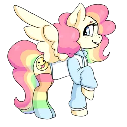 Size: 2000x2000 | Tagged: safe, artist:savibear, derpibooru import, oc, oc:cheery candy, unofficial characters only, pegasus, pony, clothes, female, freckles, hoodie, mare, multicolored hair, rainbow hair, rainbow socks, raised hoof, simple background, socks, solo, striped socks, transparent background