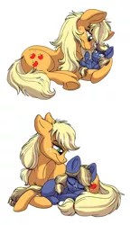 Size: 629x1092 | Tagged: safe, artist:celestial-rainstorm, derpibooru import, applejack, oc, oc:juniper berry, earth pony, pony, female, filly, mommajack, mother and child, mother and daughter, offspring, parent:applejack, parent:oc:ash bark, parents:canon x oc, prone, simple background, sleeping, white background