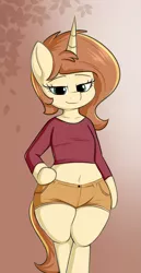 Size: 1675x3240 | Tagged: suggestive, artist:andelai, derpibooru import, oc, oc:celice, unofficial characters only, semi-anthro, unicorn, belly button, bipedal, clothes, female, looking at you, mare, midriff, shirt, shorts, simple background, solo, solo female, thick, wide hips