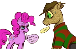 Size: 1008x649 | Tagged: artist needed, suggestive, derpibooru import, pinkie pie, ponified, earth pony, pony, blue eyes, clothes, female, freddy krueger, green eyes, hat, male, mare, nightmare on elm street, pink fur, simple background, speech bubble, stallion, striped sweater, sweat, sweater, transparent background