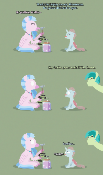 Size: 2306x3933 | Tagged: safe, artist:gd_inuk, derpibooru import, ocellus, sandbar, silverstream, changedling, changeling, classical hippogriff, earth pony, hippogriff, pony, blank eyes, claw hold, comic, dialogue, drill, empty eyes, fangs, green background, hammer, inktober, inktober 2019, jar, jewelry, lineless, logo parody, no mouth, no pupils, ocellus is not amused, pun, reeee, scope, sick, simple background, sitting, sound effect, sparkles, sweat, sweatdrop, this will end in pain, this will end in tears, this will not end well, unamused