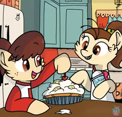 Size: 1121x1070 | Tagged: safe, artist:rainbow eevee, derpibooru import, ponified, pony, cherry, cute, food, kitchen, luan loud, lynn loud, pie, the loud house, whipped cream