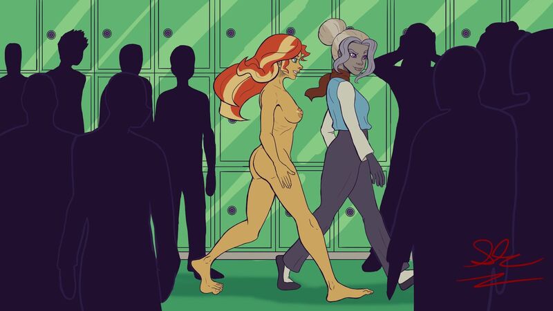 Size: 1600x900 | Tagged: questionable, artist:shane-emeraldwing, derpibooru import, sunset shimmer, oc, oc:textile, comic:where the sunsets but don't shine, equestria girls, breasts, clothed female nude female, clothed male nude female, faceless male, female, hallway, male, nipples, nudity, offscreen character, practitioner of naturism, unembarrassed nude female