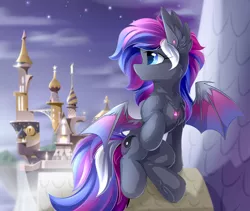 Size: 4500x3800 | Tagged: safe, artist:dreamweaverpony, derpibooru import, oc, unofficial characters only, bat pony, pony, absurd resolution, bat pony oc, bat wings, canterlot, cutie mark, female, flying, mare, scenery, solo, wings, yin