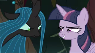 Size: 1668x939 | Tagged: cropped, derpibooru import, duo, looking at each other, mean twilight sparkle, narrowed eyes, queen chrysalis, safe, screencap, smiling, the mean 6