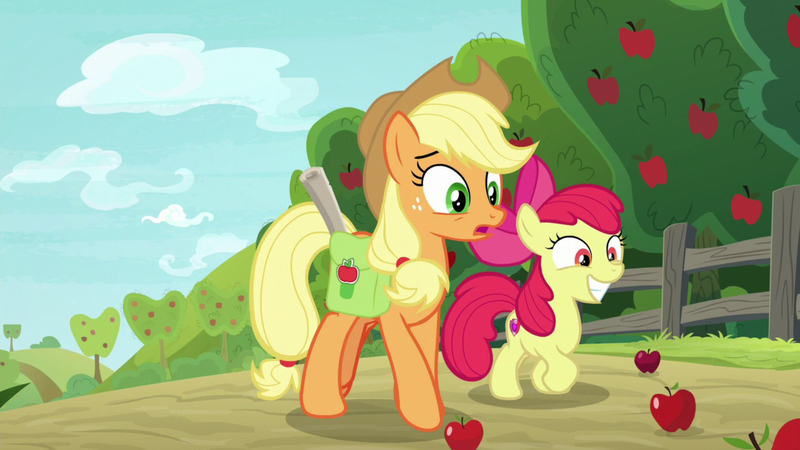 Size: 1920x1080 | Tagged: safe, derpibooru import, screencap, apple bloom, applejack, pony, going to seed, apple, apple tree, bag, fence, food, saddle bag, tree