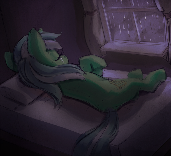 Size: 750x682 | Tagged: artist needed, source needed, safe, derpibooru import, lyra heartstrings, pony, unicorn, bed, bedroom, crying, eyes closed, feels, female, lying, mare, night, rain, sad, side, solo, window