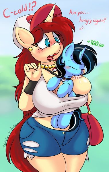 Size: 3576x5640 | Tagged: questionable, artist:an-tonio, artist:thecoldsbarn, derpibooru import, oc, oc:cold dream, oc:golden brooch, unofficial characters only, anthro, poképony, pony, unicorn, anthro on pony action, anthro with ponies, between breasts, big breasts, blushing, breast milk, breastfeeding, breasts, busty golden brooch, clothes, collaboration, dialogue, female, goldream, hat, hips, interspecies, jewelry, lactation, lipstick, long hair, male, midriff, milf, milk, necklace, nipples, nudity, oc x oc, one breast out, partial nudity, pokeball collar, pokémon, purse, shipping, shirt, shorts, signature, straight, sucking, suckling, surprised, tanktop, text, wide hips