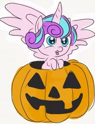 Size: 750x977 | Tagged: safe, artist:drunken bubblez, deleted from derpibooru, derpibooru import, princess flurry heart, alicorn, pony, baby, baby pony, boo, colored, cute, female, filly, flat colors, flurrybetes, foal, halloween, holiday, jack-o-lantern, pale color, pumpkin, simple background, soft color, solo, spread wings, tongue out, white background, wings