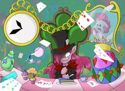 Size: 900x658 | Tagged: safe, artist:papyjr13, derpibooru import, pinkie pie, earth pony, pony, party of one, alice in wonderland, cake, duality, food, mad hatter, madness, pinkamena diane pie