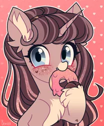 Size: 1044x1260 | Tagged: safe, artist:vensual99, derpibooru import, oc, unofficial characters only, unicorn, blue eyes, chest fluff, donut, ear fluff, eating, female, food, freckles, heart, hoof fluff, pale belly, simple background