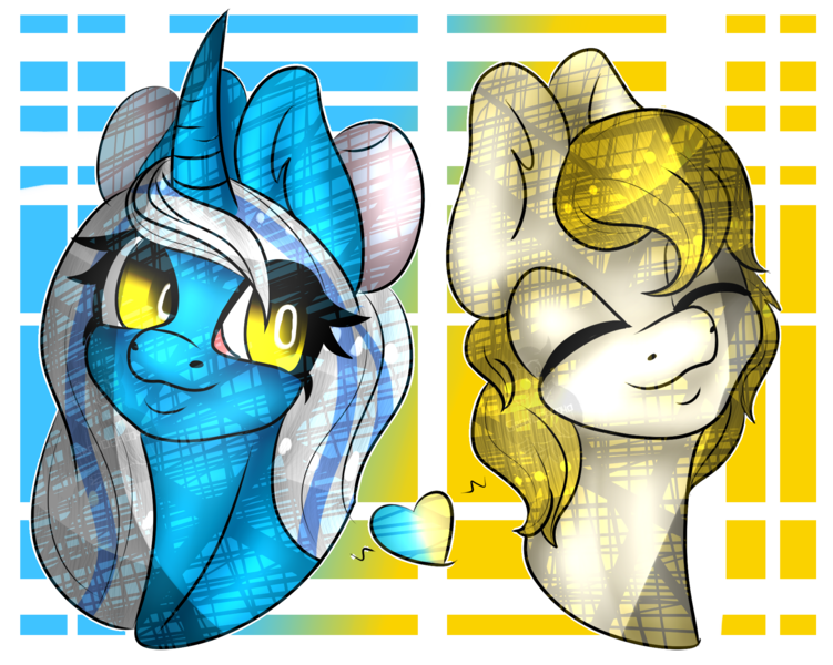 Size: 2057x1643 | Tagged: safe, artist:granddads-ychs, derpibooru import, oc, oc:fleurbelle, oc:golden skies, alicorn, pegasus, pony, alicorn oc, bow, eyes closed, eyes open, female, fleurden, hair bow, horn, looking back, mare, pegasus oc, shipping, smiling, wings, yellow eyes