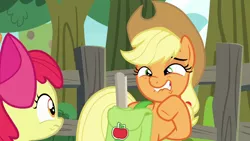 Size: 1280x720 | Tagged: safe, derpibooru import, screencap, apple bloom, applejack, pony, going to seed, apple, apple tree, bag, faic, fence, food, saddle bag, tree