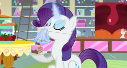 Size: 1607x868 | Tagged: 1000 hours in ms paint, artist:hereward, cake, collage, derpibooru import, food, inside mouth, micro, rarity, safe, shrunk, sugarcube corner, sweetie belle, unaware vore