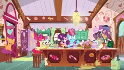 Size: 1920x1080 | Tagged: safe, derpibooru import, screencap, apple bloom, cup cake, scootaloo, sugar belle, sweetie belle, pony, the big mac question, batter, bowl, candy, cutie mark crusaders, flour, food, lollipop, magic, quill, strawberry