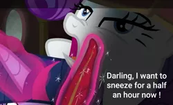 Size: 790x480 | Tagged: safe, derpibooru import, edit, edited screencap, screencap, rarity, unicorn, gauntlet of fire, darling, desperation, duo, gasp, lidded eyes, pre sneeze, quill, scrunched muzzle, sneezing, text