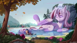 Size: 1920x1080 | Tagged: safe, artist:discordthege, derpibooru import, oc, oc:windbreaker, unofficial characters only, pegasus, pony, bathing, commission, crossover, deck chair, duo, eyes closed, female, forest, giant pony, giantess, grin, lake, macro, mare, newspaper, scenery, smiling, waterfall, wet, wet mane