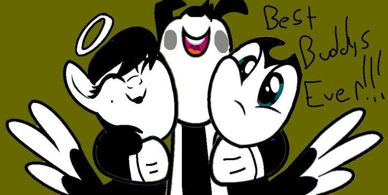 Size: 1024x515 | Tagged: artist needed, safe, derpibooru import, ponified, pegasus, pony, alice angel, bendy, bendy and the ink machine, best friends, boris the wolf, cute, female, group hug, halo, hug, male, mare