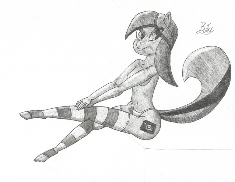 Size: 1830x1422 | Tagged: suggestive, artist:cypisek95, derpibooru import, oc, oc:light flash, unofficial characters only, anthro, earth pony, bedroom eyes, belly button, black and white, breasts, clothes, female, grayscale, hooves, lip bite, monochrome, panties, partial nudity, simple background, sitting, socks, solo, stockings, striped socks, thigh highs, topless, traditional art, underwear, white background