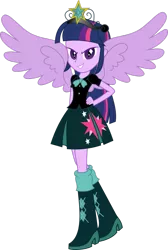 Size: 733x1089 | Tagged: safe, derpibooru import, twilight sparkle, twilight sparkle (alicorn), alicorn, equestria girls, boots, clothes, crown, cutie mark, female, high heel boots, jewelry, miniskirt, pleated skirt, regalia, shoes, simple background, skirt, smiling, solo, transparent background, twivine sparkle, wings