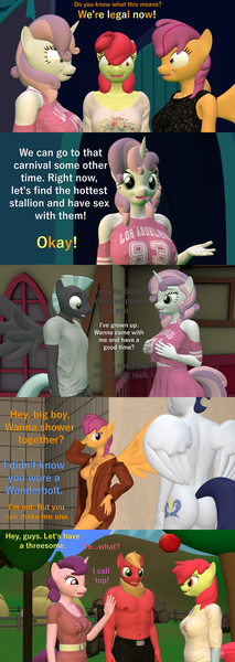 Size: 1920x5400 | Tagged: questionable, artist:papadragon69, derpibooru import, apple bloom, big macintosh, scootaloo, soarin', sugar belle, sweetie belle, thunderlane, anthro, growing up is hard to do, 3d, against wall, arm behind head, ass, bottomless, breasts, busty scootaloo, busty sweetie belle, butt, clothed female nude male, clothed male nude male, clothes, comic, cutie mark crusaders, female, imminent incest, imminent sex, imminent threesome, legal, male, nipples, nudity, older, older apple bloom, older cmc, older scootaloo, older sweetie belle, partial nudity, seductive, seductive pose, sfm pony, shipping, soarinloo, source filmmaker, straight, sugarmac, sweetielane, the cmc are now legal, topless