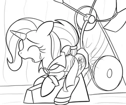 Size: 2400x2000 | Tagged: suggestive, artist:cybersquirrel, derpibooru import, trixie, pony, unicorn, bondage, crying, eyes closed, inktober, monochrome, open mouth, simple background, spanking, spanking machine, tail holder, white background