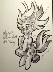 Size: 1516x2048 | Tagged: safe, artist:mychelle, derpibooru import, oc, pony, unicorn, female, inktober, inktober 2019, mare, monochrome, solo, swing, traditional art