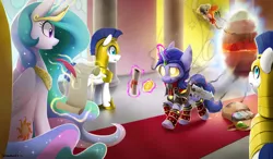 Size: 2550x1492 | Tagged: safe, artist:dawnfire, derpibooru import, princess celestia, oc, alicorn, pony, armor, bag, digital art, dragonborn, female, levitation, magic, mare, portal, royal guard, saddle bag, scroll, skyrim, sword, telekinesis, the elder scrolls, warcraft, weapon