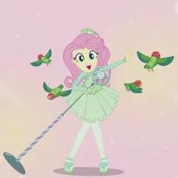 Size: 560x560 | Tagged: safe, derpibooru import, screencap, fluttershy, bird, equestria girls, equestria girls series, so much more to me, clothes, cropped, cute, dress, flying, microphone, shyabetes, solo