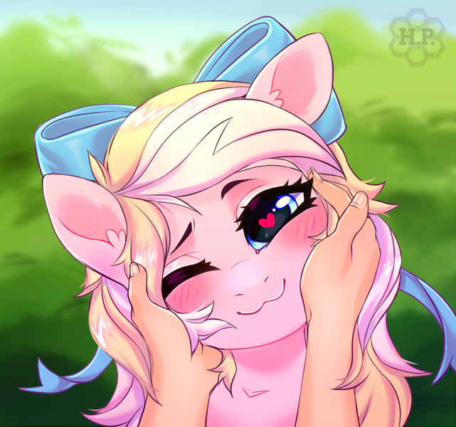 Size: 2136x2000 | Tagged: safe, artist:honey_pony, derpibooru import, oc, oc:bay breeze, unofficial characters only, human, pegasus, pony, blushing, bow, chest fluff, cute, ear fluff, female, hair bow, heart eyes, looking at you, loving gaze, male, male pov, mare, ocbetes, offscreen character, petting, pov, weapons-grade cute, wingding eyes