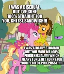 Size: 747x871 | Tagged: suggestive, derpibooru import, edit, edited screencap, screencap, cheese sandwich, gummy, pinkie pie, the last problem, bisexual, caption, cheesepie, excessive exclamation marks, female, image macro, jeepers, male, older, older cheese sandwich, older gummy, older pinkie pie, shipping, straight, text, vulgar