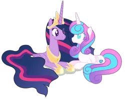 Size: 2236x1772 | Tagged: safe, artist:browniepawyt, derpibooru import, princess flurry heart, princess twilight 2.0, twilight sparkle, twilight sparkle (alicorn), alicorn, pony, the last problem, base used, older, older flurry heart, older twilight, prone, simple background, transparent background