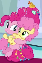 Size: 552x820 | Tagged: safe, derpibooru import, screencap, li'l cheese, pinkie pie, earth pony, pony, the last problem, all is well, candy, cropped, cute, cutie mark, dangerously cute, female, foal, food, happy go lucky, holding, like mother like son, looking at each other, male, mother, mother and child, mother and son, older, older pinkie pie, open mouth, rubber duck, sitting, smiling, sprinkles, time skip, too cute