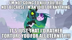 Size: 1920x1080 | Tagged: caption, cocoon, derpibooru import, edit, edited screencap, evil, excessive exclamation marks, image macro, implied torture, queen chrysalis, safe, screencap, starlight glimmer, text, the ending of the end, ultimate chrysalis