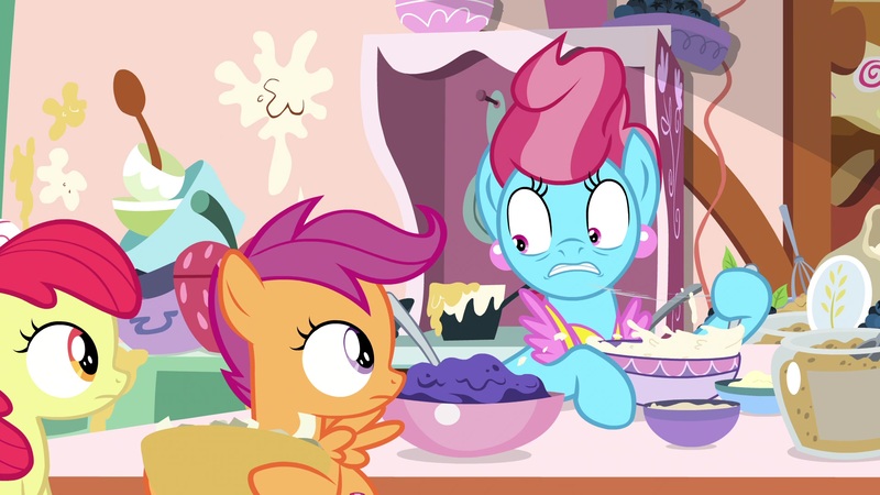 Size: 1920x1080 | Tagged: safe, derpibooru import, screencap, apple bloom, cup cake, scootaloo, pony, the big mac question, batter, food